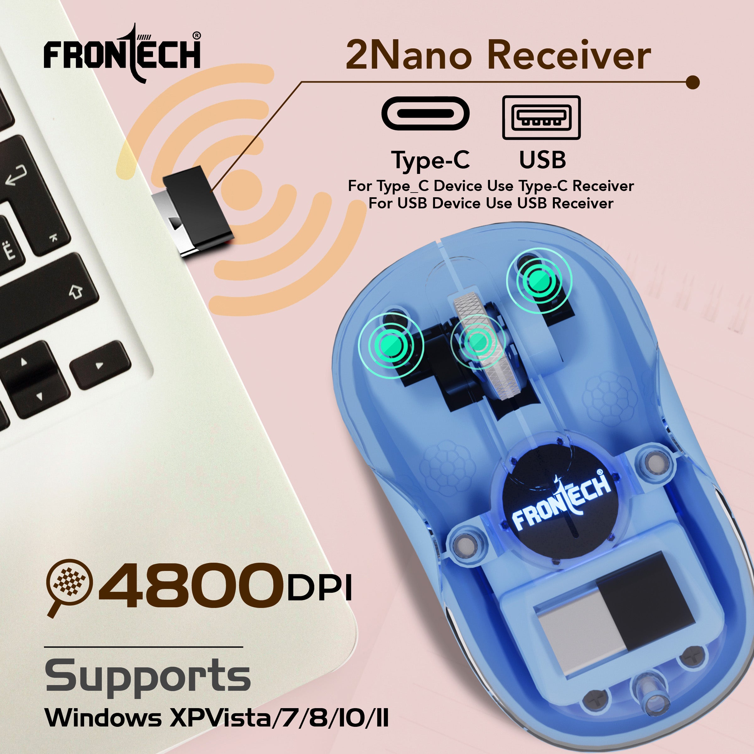 Frontech Transparent Mouse | 4800DPI | Dual Receivers |300mAh Rechargeable Battery| Wireless Ergonomic Optical Mouse with Bluetooth (USB 2.0, Type C, Blue) Frontech Transparent Mouse | 4800DPI | Dual Receivers |300mAh Rechargeable Battery| Wireless Ergonomic Optical Mouse with Bluetooth (USB 2.0, Type C, Blue)